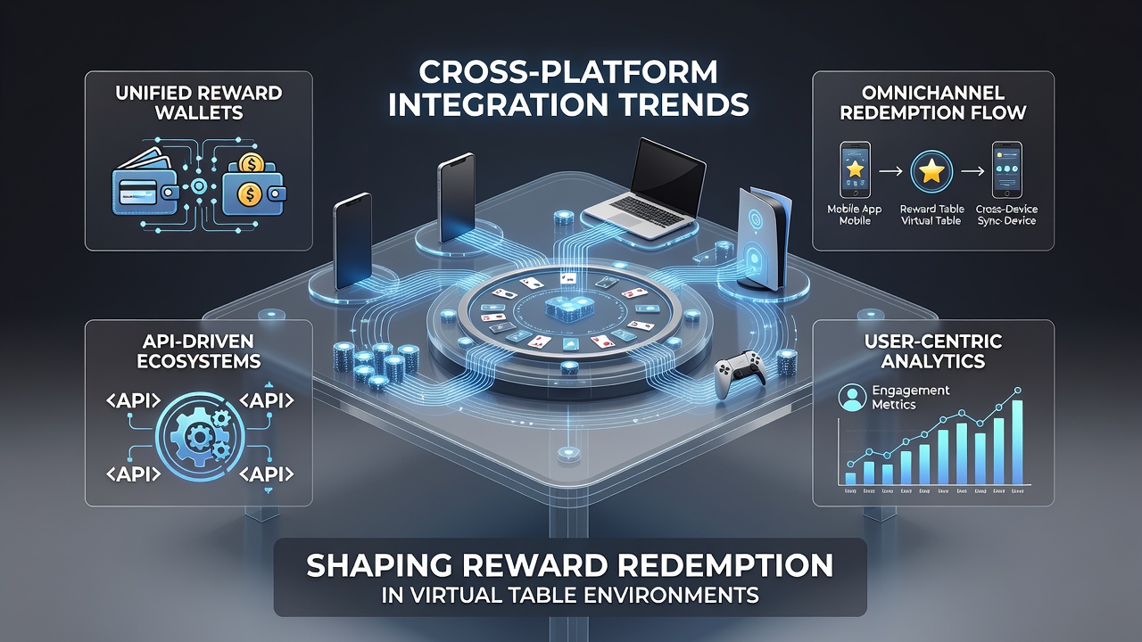 Mobile and VR interfaces displaying synchronized loyalty points and redemption options in virtual table games
