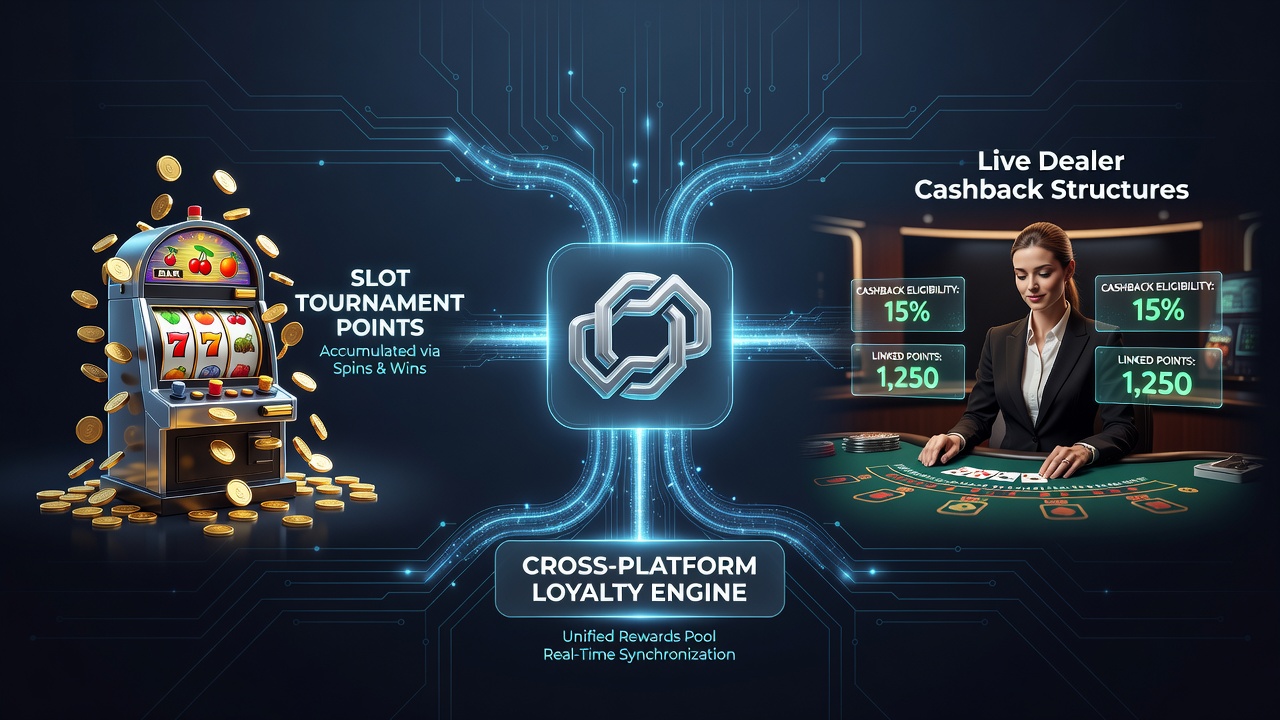 Illustration of unified player account linking slot tournaments on mobile to live dealer cashback on desktop