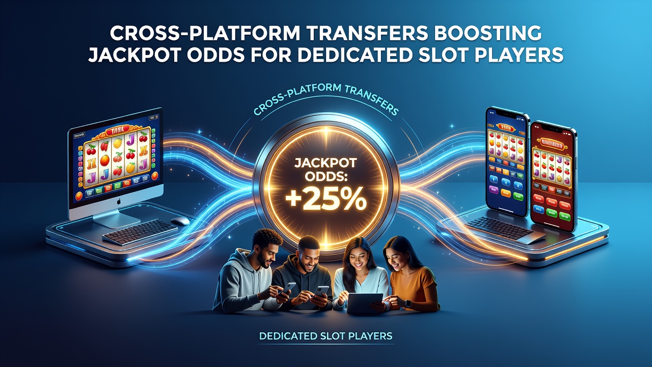 Illustration of connected casino platforms showing balance transfers feeding into a shared progressive jackpot meter