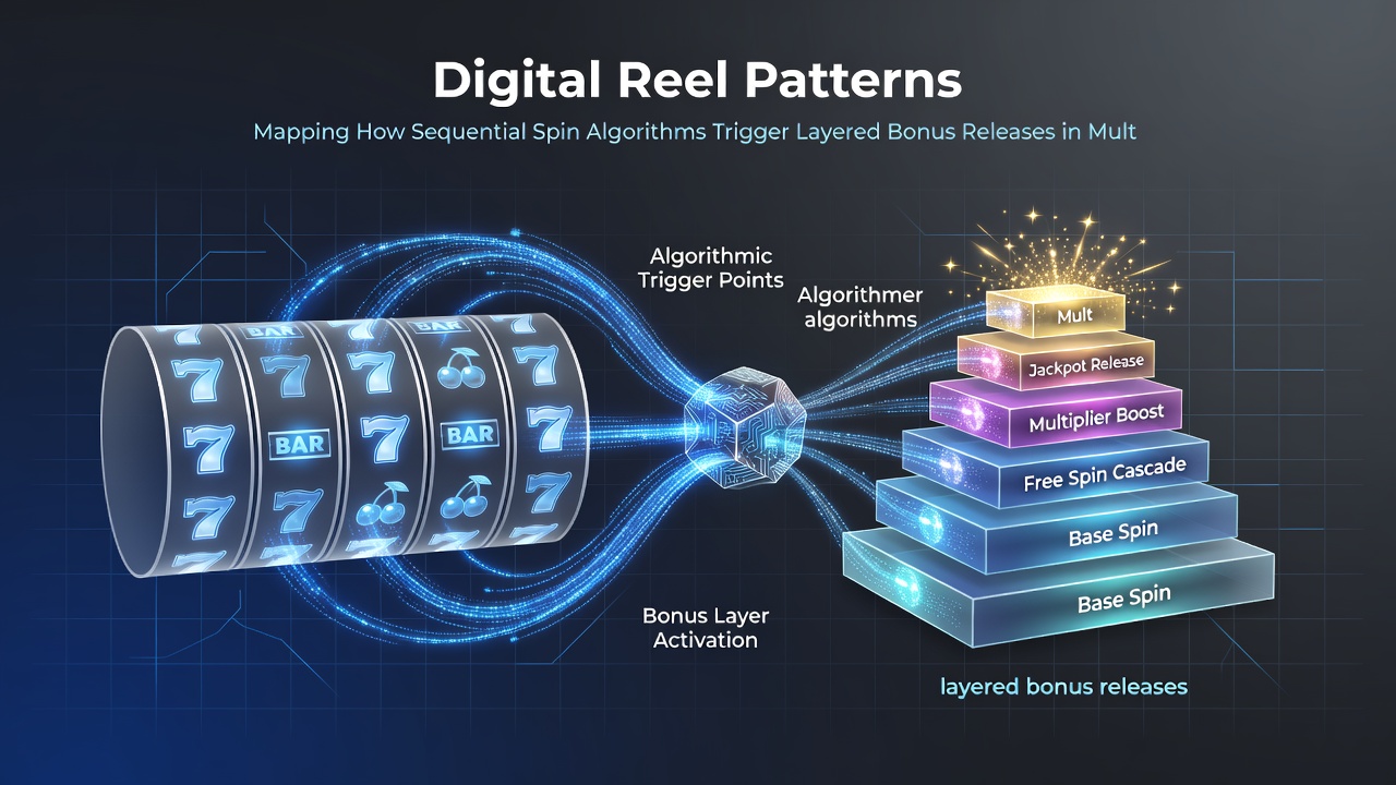 Network diagram illustrating how sequential spin algorithms link player terminals to trigger layered bonuses in real time