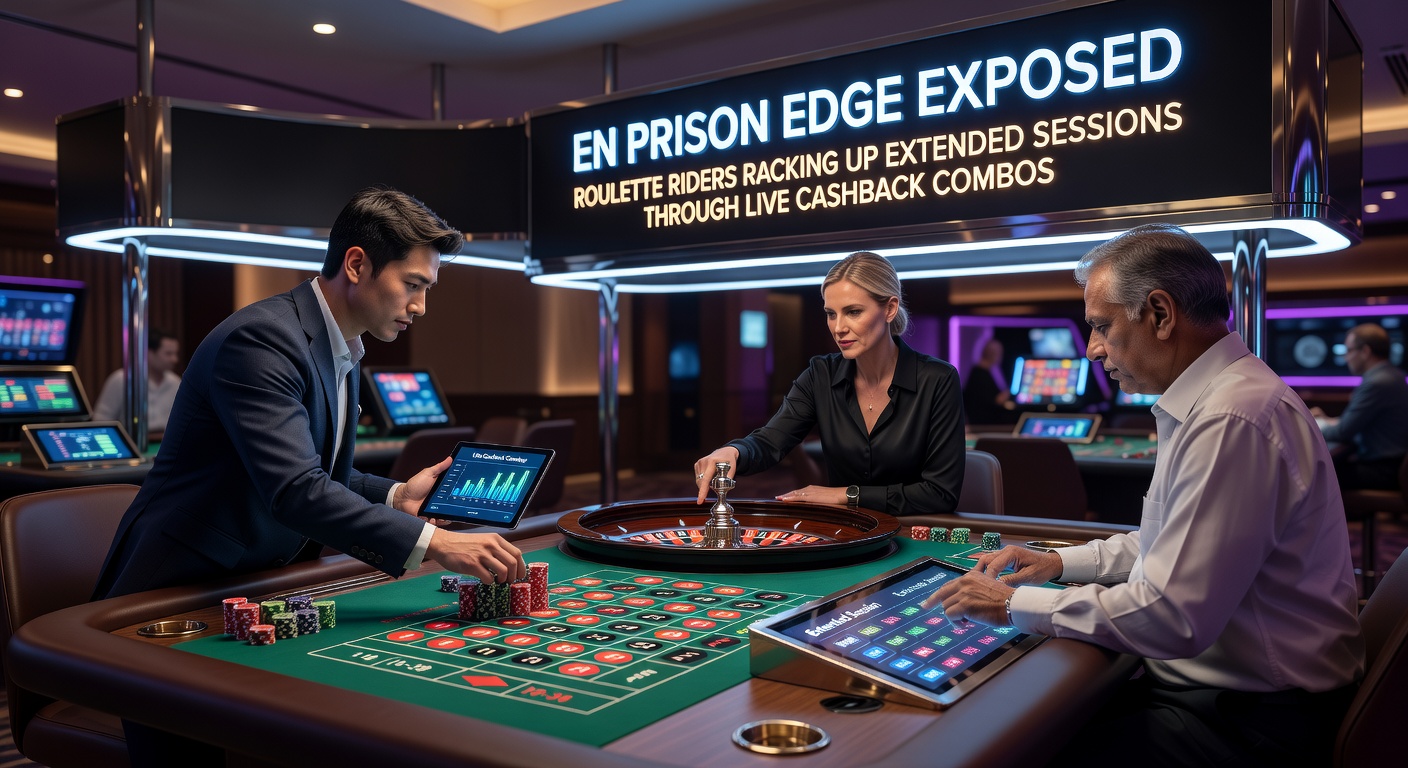 Close-up of a roulette wheel on zero with En Prison bets imprisoned, alongside a live cashback promo banner showing percentage rebates