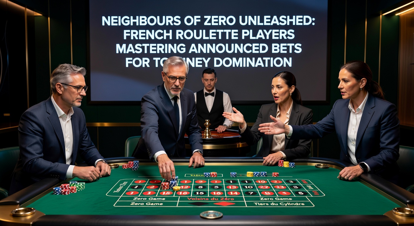 Tournament players at electronic French Roulette terminals, screens showing active Neighbours of Zero bets during a heated final table