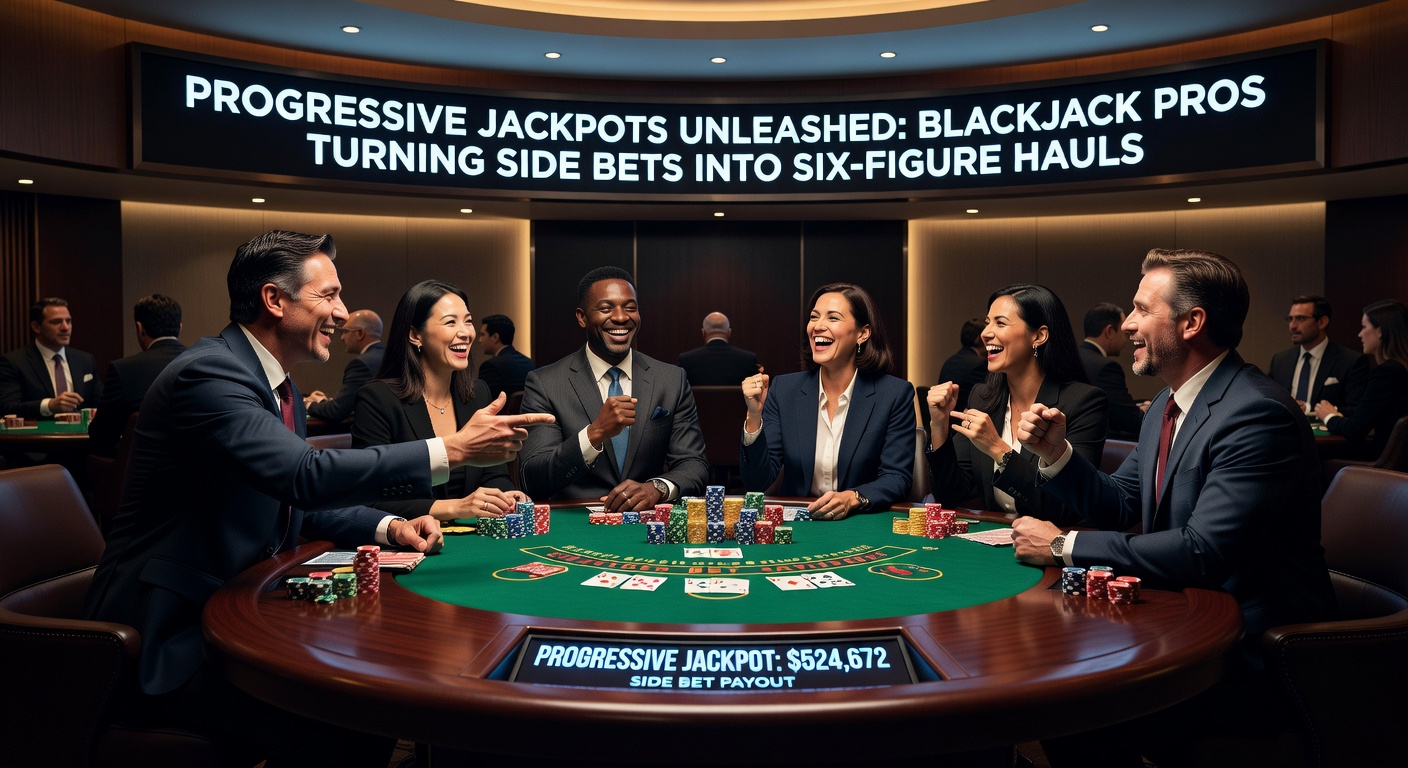 Close-up of a blackjack hand revealing a rare suited pair triggering the progressive jackpot lights, chips stacking high beside a glowing payout screen
