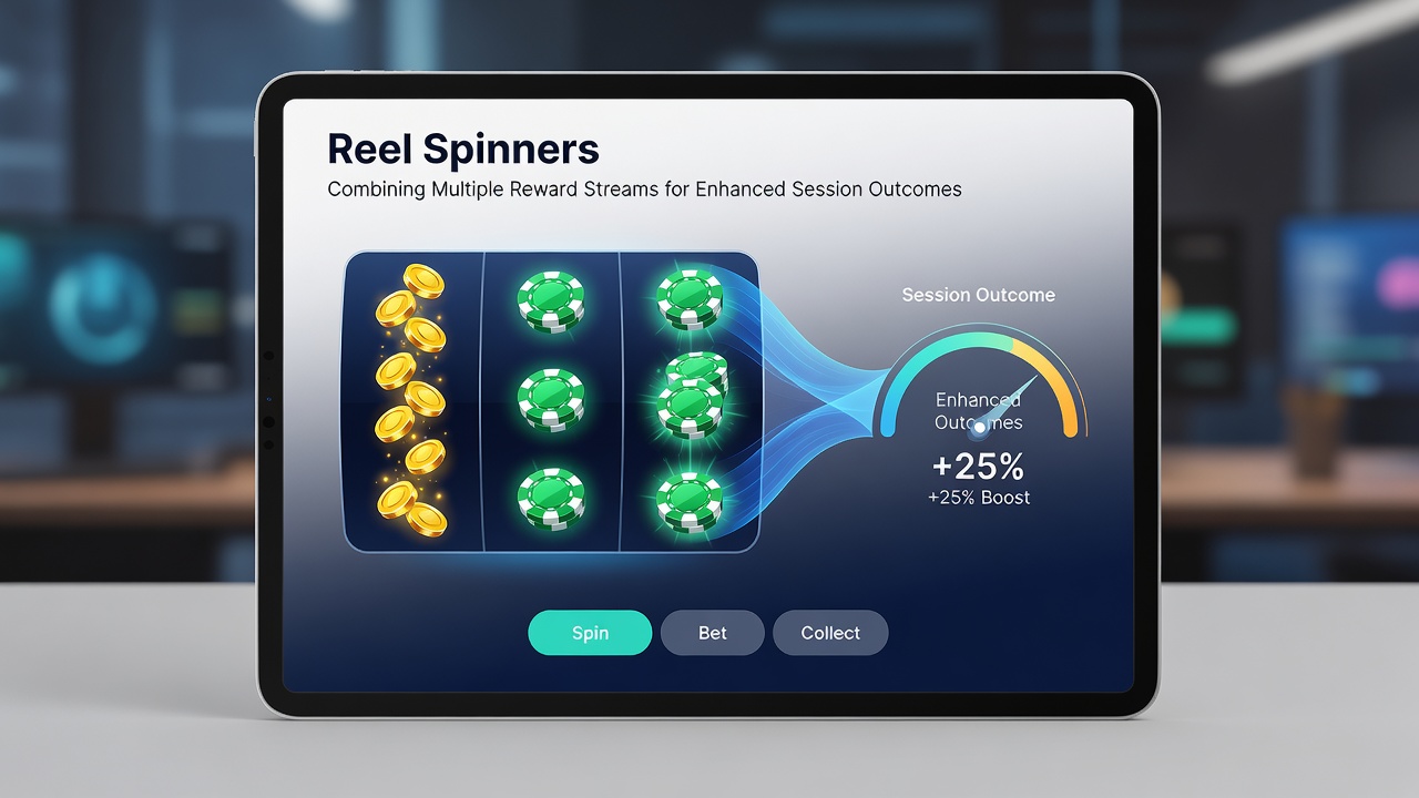 Close-up of portable device screen showing simultaneous reel spins alongside progress indicators for multiple reward types