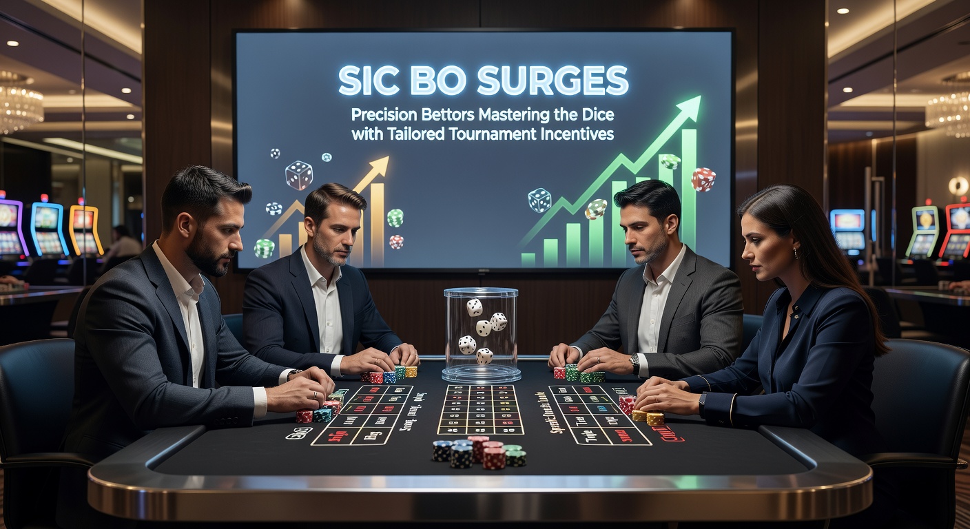 Close-up of dice mid-roll on a Sic Bo layout, surrounded by glowing tournament incentive badges and player stats on a screen