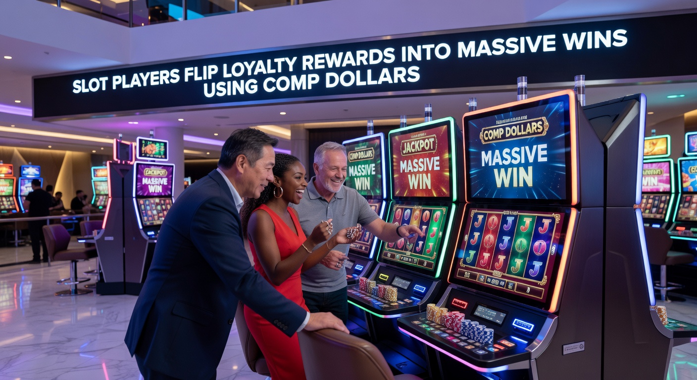 Close-up of a player's hand on a slot lever with comp dollar chips stacking up beside a jackpot meter nearing explosion, capturing the thrill of reward conversion