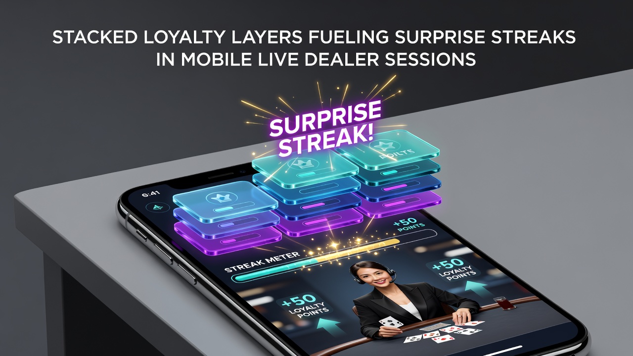 Player dashboard showing multiple active loyalty layers overlaid on a mobile live dealer baccarat table