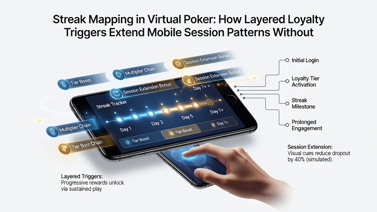 Diagram illustrating layered loyalty trigger flow in a virtual poker mobile app with streak progression indicators