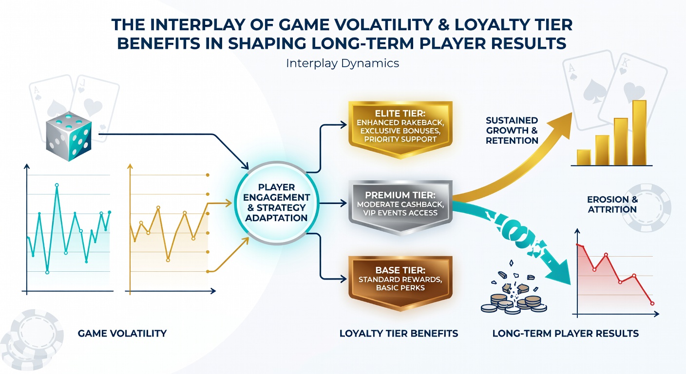 Loyalty tier progression chart overlaid on digital slot interface displaying volatility settings