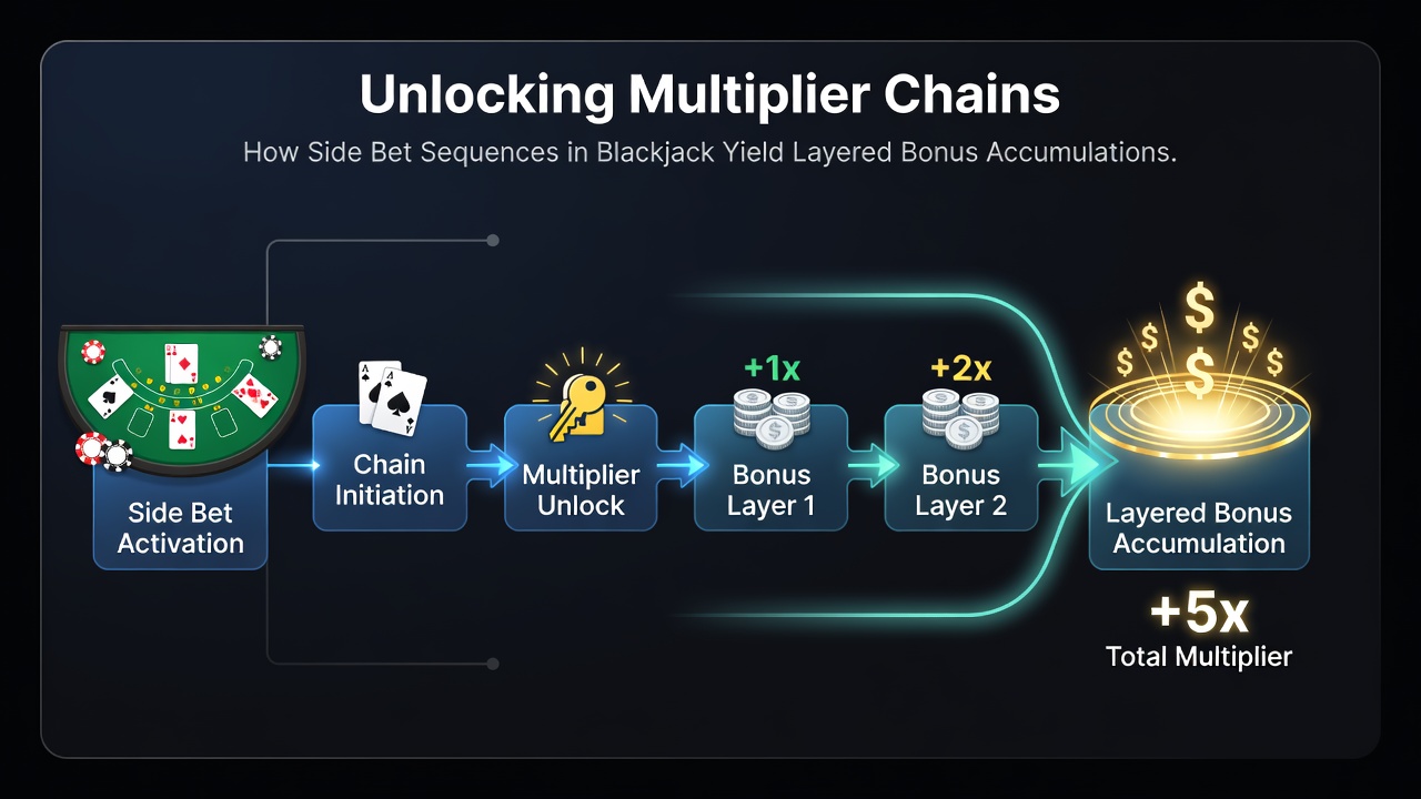 Close-up of digital blackjack interface displaying active multiplier chain and accumulated bonus meter