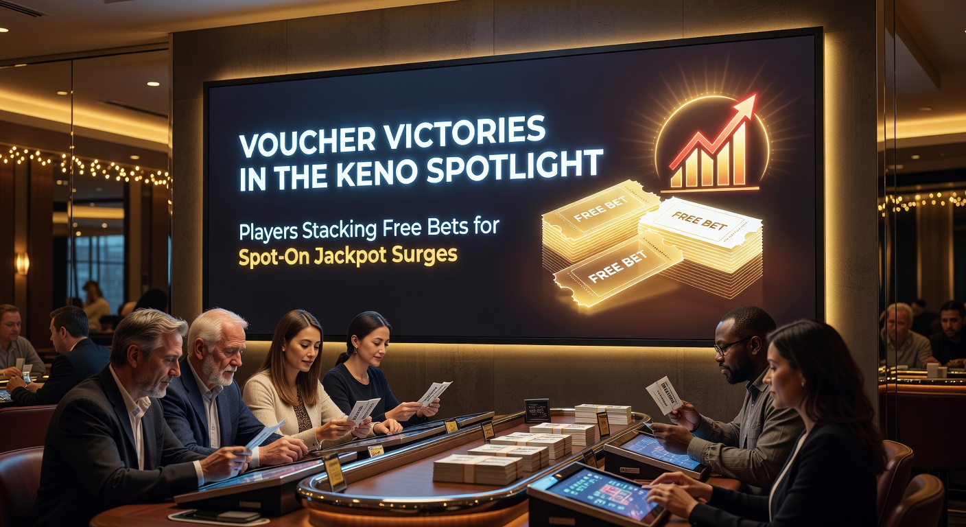 Dynamic Keno screen showing stacked free bet vouchers activating a jackpot win animation with cascading coins